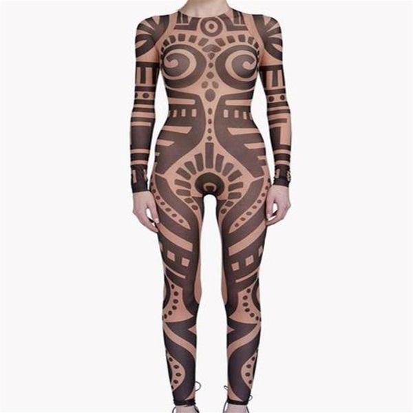 Sommer Frauen VintageTribal Tattoo Print Mesh Overall Kurvige Afrikanische Runway Sheer Bodysuit Promi Overall Catsuit325m