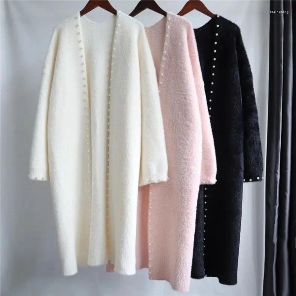 Kadın Düğmeleri Kintted hırka Kadınlar İnci Uzun Ceket Sonbahar Kış Kış Gevşek Kollu İmitasyon Mink Sweater Nedensel Dış Giyim Kadın B068