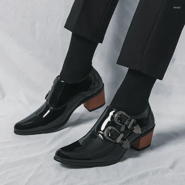 Scarpe eleganti da uomo alla moda in pelle verniciata nera britannica con aumento di altezza, cinturino da monaco maschile, formale, ballo di fine anno, ritorno a casa, Oxford