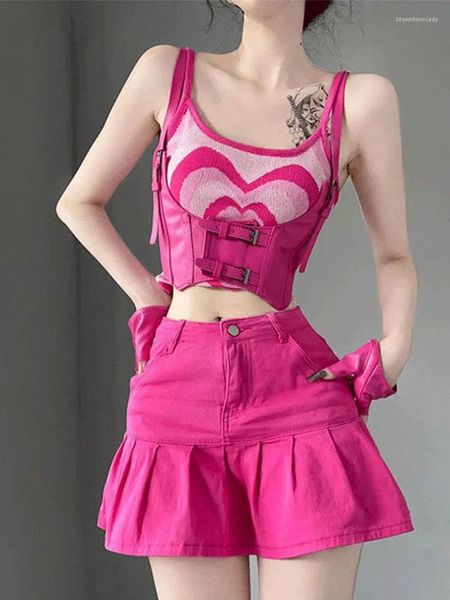 Saias góticas japonesas harajuku meninas rosa xadrez saia plissada doce kawaii amor impressão tanque top verão streetwear escola desgaste