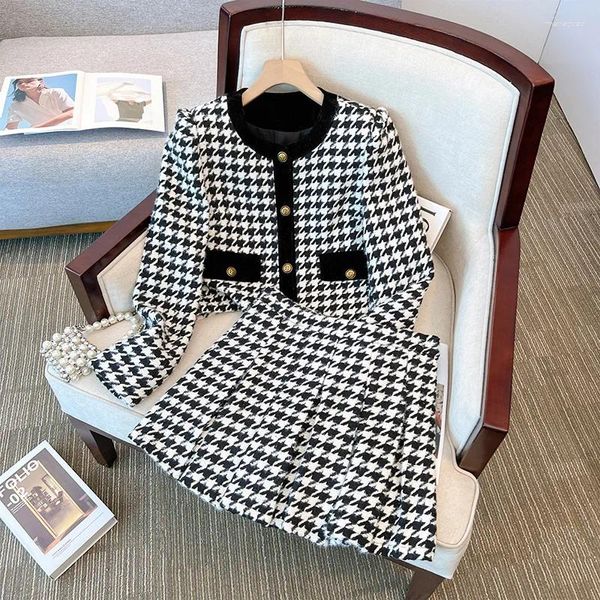 Vestido de duas peças pequena fragrância houndstooth vintage 2 conjunto feminino curto casaco de lã mini saia plissada terno feminino casual moda coreana