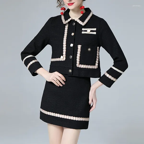 Vestido de duas peças pequena fragrância tweed conjunto feminino jaqueta curta casaco mini saia ternos coreano elegante moda casual escritório 2 conjuntos