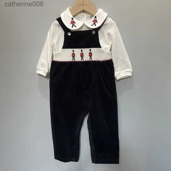 Tute Baby Boy Set natalizio Bretelle Outfit Pantaloni di velluto a coste ricamati soldato blu navy Tuta britannica tagliata per bambini BoutiqueL231101