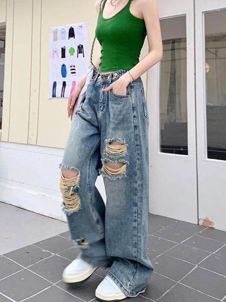 Damesjeans Harajuku Vintage Hoge Taille Geperforeerde Vrouwen Y2K Esthetiek Onafhankelijke Zakken Koreaanse Straatkleding Vinta