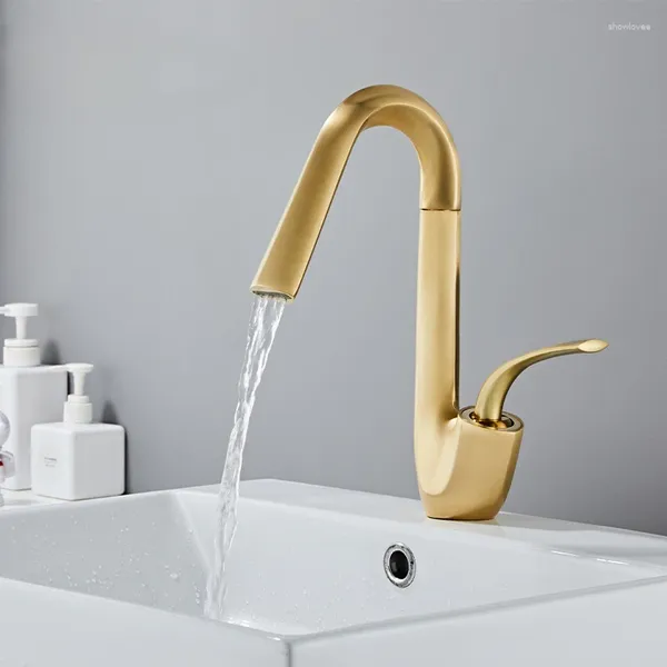 Badezimmer-Waschtischarmaturen, komplett aus Kupfer, luxuriös, gebürstetes Gold, Waschbecken-Wasserhahn, Schrank, Einzelloch und Kalt-Großhandel