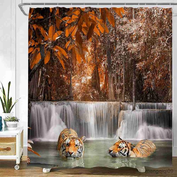 Tende da doccia Autunno Cascata Paesaggio Tende da doccia Acero Foglie rosse Pianta Tigre selvatica Autunno Natura Scenario Panno Arredamento bagno Set R231101