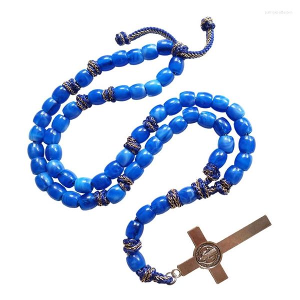 Collane con ciondolo Collana con perline di rosario verde blu, regalo di preghiera cattolica, ciondolo con croce