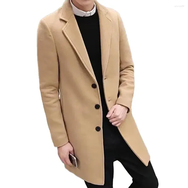 Casacos de Trench Masculinos Lapela Collar Casaco Elegante Mid Comprimento Cardigan Cor Sólida Negócios Formal Para Outono Inverno Lã