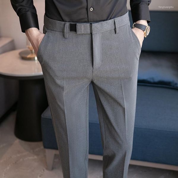Ternos masculinos 2023 elegantes calças cinzentas masculinas estilo britânico Slim Fit Social Party Grey Capris Wedding Troushers Stretch 28-36