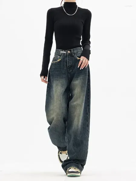 Calças de brim femininas 2023 cintura alta harajuku vintage bf estilo streetwear all-match solto moda femme perna larga denim calças