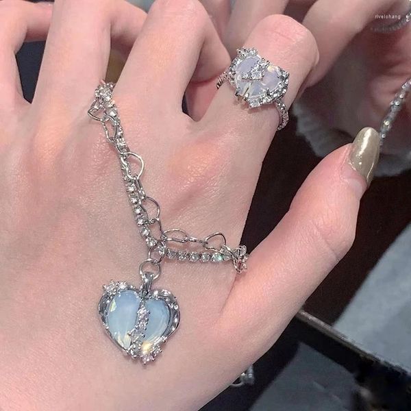 Anhänger Halsketten 2023 Trendy Elegant Kpop Split Herz Halskette Opal Metall Silber Farbe Perle Mehrschichtig Für Frauen Schmuck Geschenk