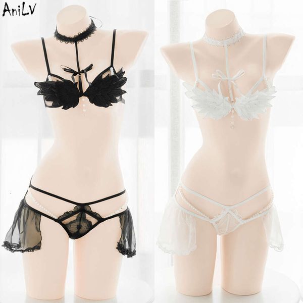 Ani Angel Girl Stickerei Flügel Neckholder Bikini Badeanzug Swimear Kostüm Frauen Hot Dreipunkt Perle Dessous Pamas Cosplay Cosplay