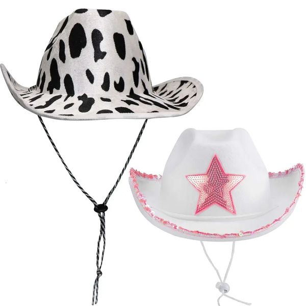 Hüte mit breiter Krempe, Eimer, rosa Stern, weißer Cowgirl-Hut, Paillettenbesatz, Fransen, Cowgirl, verstellbar, Cowboy-Hals, Kordelzug, Kostüm, Party, Spielen, Anziehen, 231101