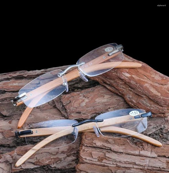 Sonnenbrille Holz Natürliche Lesebrille Damen Herren Randlos Ultraleichter Rahmen Einfache Federscharniere Anti Blu 1 1,5 2 2,5 3 3,5 4