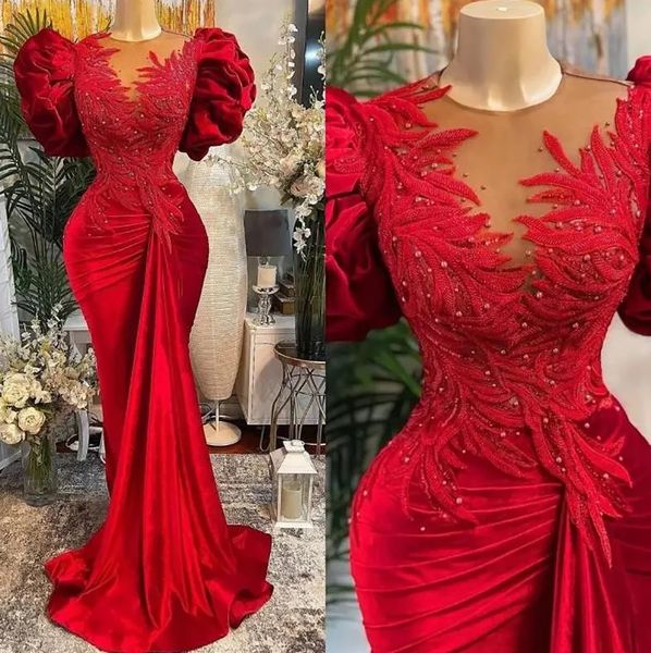 Vestido de festa de formatura vermelho vestidos de noite plus size novo aplique personalizado sereia frisado zíper o-pescoço com mangas curtas cetim plissado