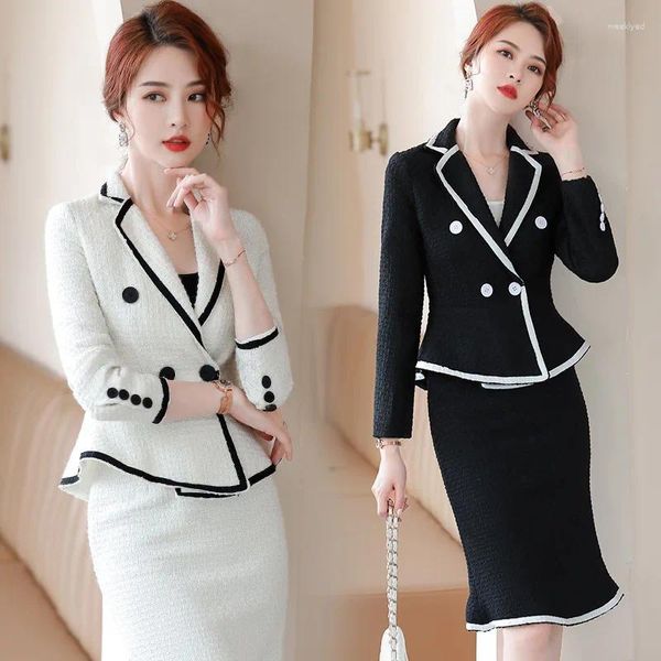 Abito a due pezzi Abito elegante da donna 2023 in bianco nero Blazer Top Gonna 2 set Office Lady Business Work Wear Formale