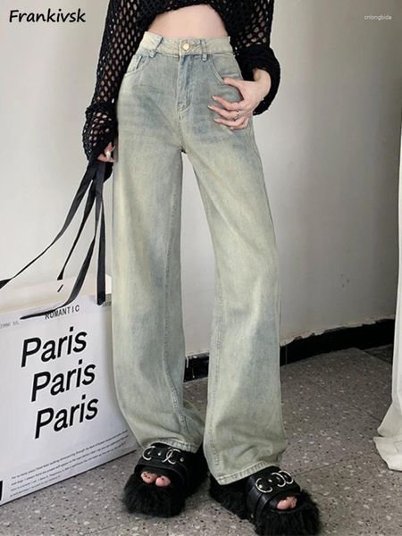 Jeans femininos de pernas largas mulheres lavadas estilo europeu retro vintage branqueado comprimento
