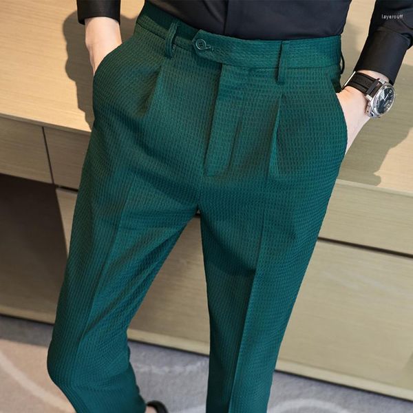 Ternos masculinos Waffle Terno casual Pant 2023 Spring Men Caist Elastic Classic Pants Classic Green Black White Office Social Slim Troushers Homme