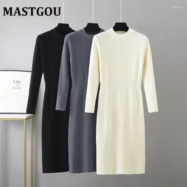 Lässige Kleider MASTGOU Chic Frauen Lange Strick Maxi Pullover Kleid Herbst Winter Dicke Warme A-Linie Elegante Slim Fit Knielangen Midi