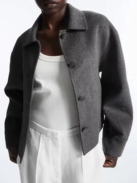 Женское полушерстяное осеннее женское пальто с отложным воротником, двусторонняя шерстяная однотонная простая женская короткая куртка с длинными рукавами 231101