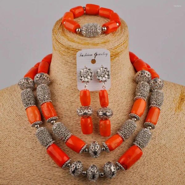 Colar brincos conjunto africano feminino jóias de casamento moda laranja natural coral grânulo nigeriano vestido de noiva acessórios AU-547