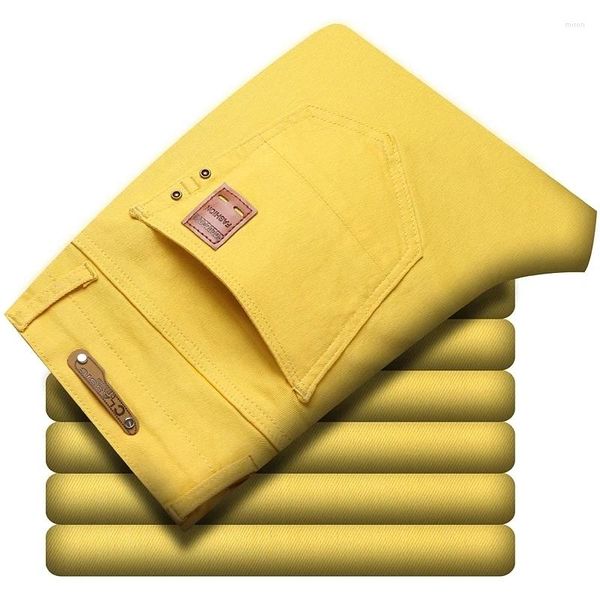 Jeans da uomo Marchio di abbigliamento da uomo Giallo dritto Primavera Autunno Moda Casual Versione classica Pantaloni elasticizzati slim Pantaloni bianchi maschili