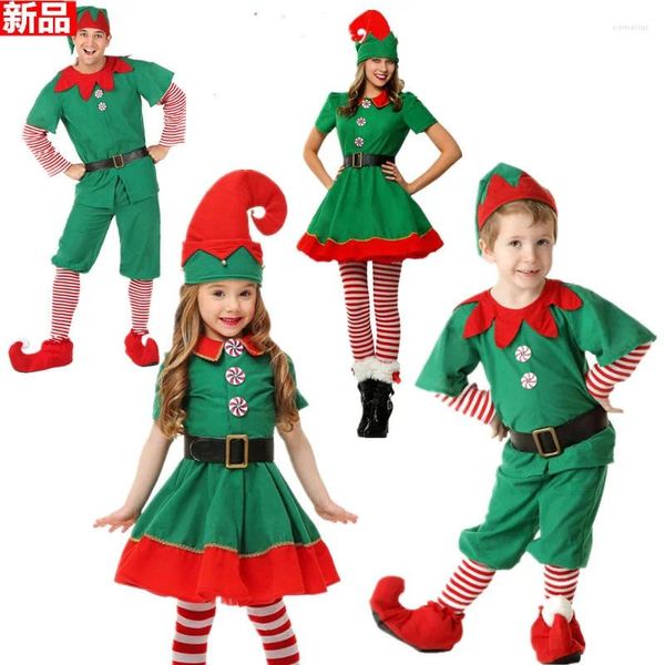 Tema traje natal cosplay papai noel para crianças conjunto de festa adulto homem e mulher vestido verde presente