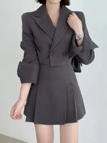 Zweiteiliges Kleid, Anzug für Frauen, Blazer-Sets mit Rock, modisch, solide, zweiteilige Langarm-Kurzmäntel, Faltenröcke, 2023 Herbst, Bürodame