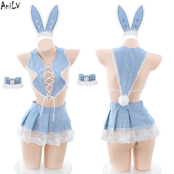 Ani anime menina bule xadrez coelho orelha empregada uniforme feminino coelho renda saia plissada roupa traje cosplay cosplay