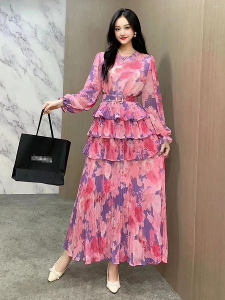 Casual Kleider 2023 Frühling Herbst Frauen Langarm Gürtel Dünnes Kleid Hohe Qualität Süße Plissee Kuchen Big Hem Floral 6 farben