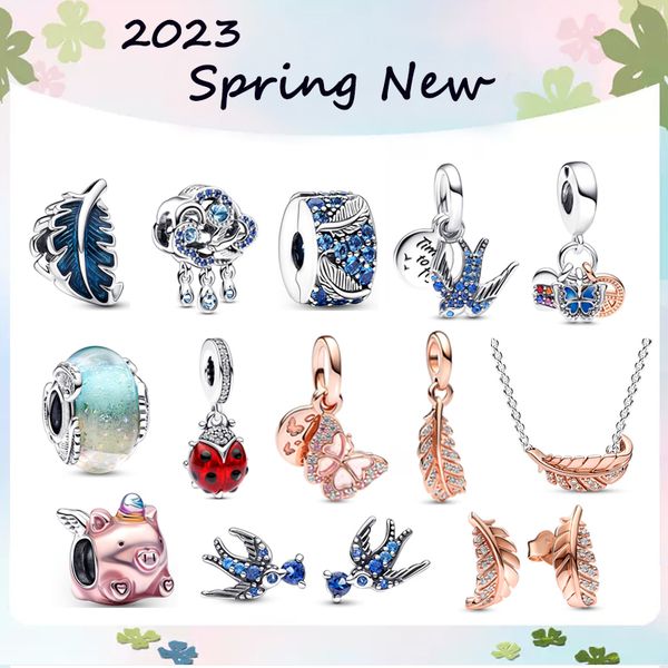 2023 Весенний Новый Шарм из стерлингового серебра 925 пробы, примитивная синяя ласточка, как божья коровка, сделай сам, браслет Pandora, ювелирный подарок