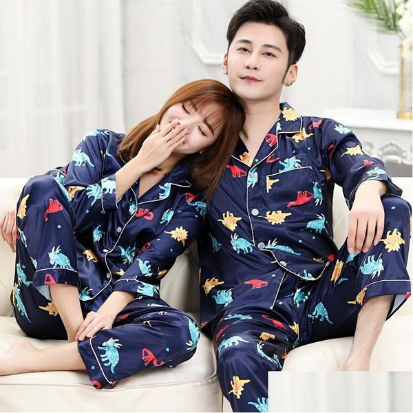 Erkekler pijama çift pijama ipek saten pijama set uzun kollu pantolonlar kadın erkekler uyku 2 adet salon giyim damla dağıtım kıyafetleri un dhoql