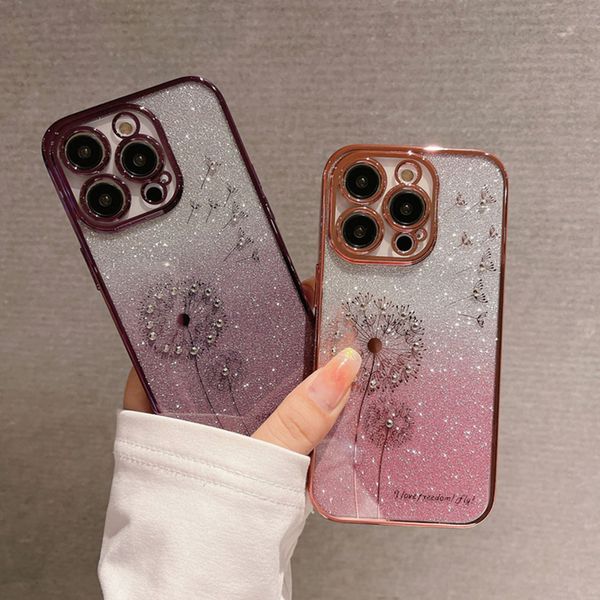 Günstige Senior Clear Diamond Galvanik Löwenzahn Flash Powder Hülle für iPhone 15 14 13 12 11 Pro Max X XS XR Plus Fashion Cover Case