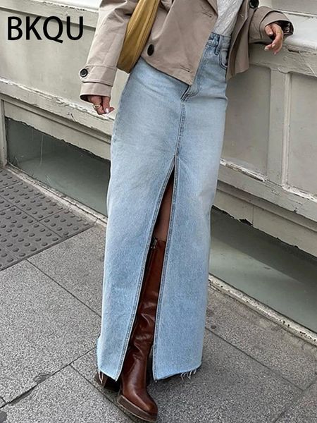 Юбки BKQU, прямые джинсовые длинные женские юбки с разрезом, осень 2023, офисная женская макси-юбка с высокой талией, элегантная повседневная юбка-карандаш трапециевидной формы Y2k 231101