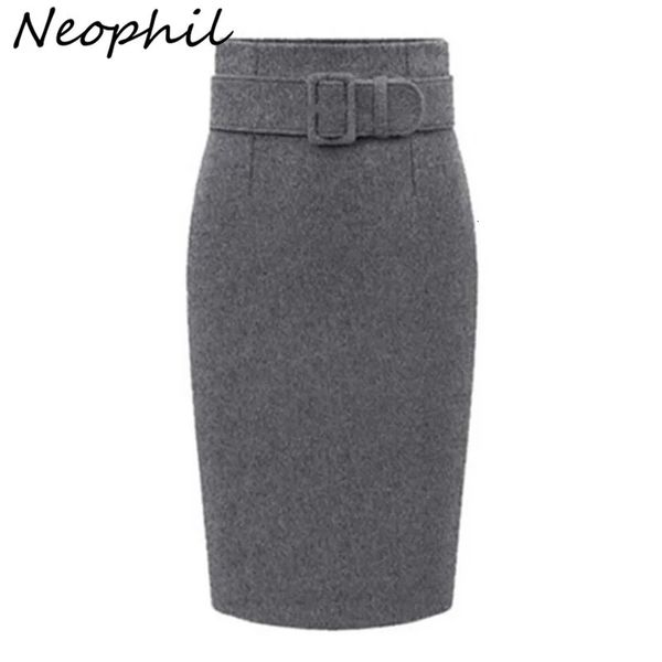 Gonne Neophil Inverno Grigio Lana spessa Midi Gonne a tubino Donna Casual Slim Vita alta con cintura Abbigliamento da lavoro per ufficio Saia S-XXXL S1205 231101