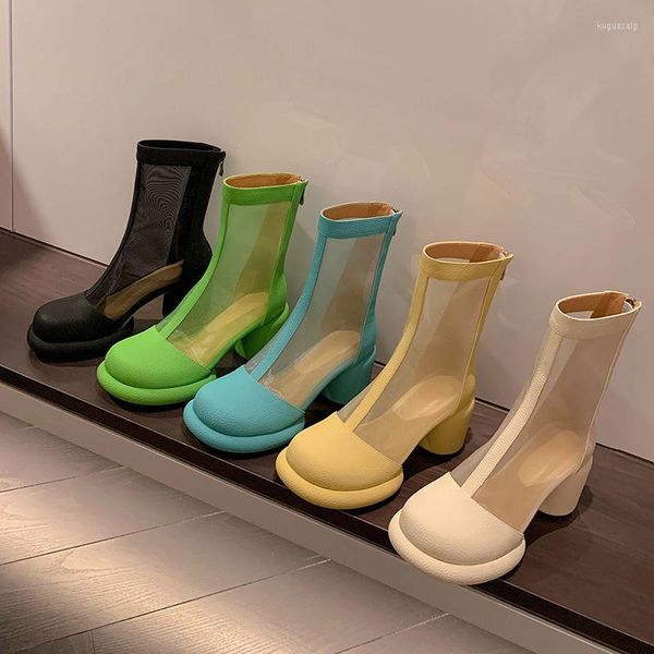 Sandálias de verão feminino botas sapatos de plataforma de couro de couro respirável alto meias transparentes 2023 para