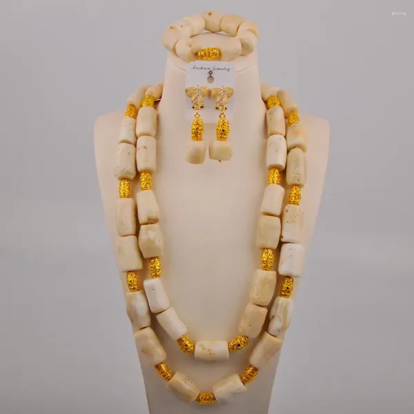Комплект ожерелья и серег, двухслойные белые натуральные коралловые бусины, аксессуары для свадебного платья в Нигерии, ювелирные изделия для невесты в африканском стиле AU-592