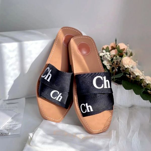 Scarpe firmate Donna Pantofola in paglia Ciabatte Ciabatte uomo nero bianco Tela casual WOODY Sandalo piatto Scivolo Estate all'aperto viaggio Spiaggia piscina sandalo mocassino scatola da donna