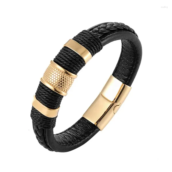 Link Armbänder Echtes Leder Armband Männlich Gold/Schwarz Farbe Edelstahl Geometrische Muster Luxus Schmuck Für Geburtstag Segen