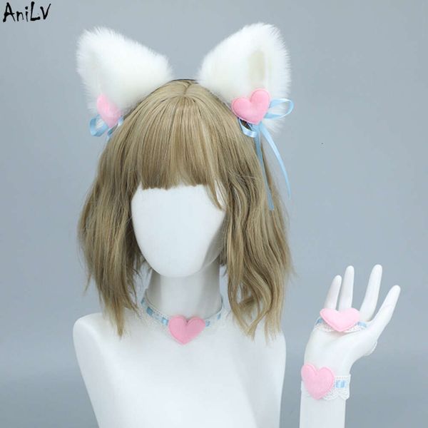 Ani Anime Kawaii Girl Cute Cat Heart Love Fascia per capelli Bracciale Donna Orecchie di animali Peluche Cameriera Copricapo Cosplay cosplay