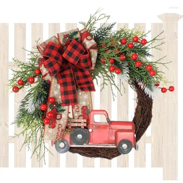 Fiori decorativi Camion rosso Corona di fattoria Estetica per l'atmosfera natalizia Decori stagionali Caminetti Ringhiere Porte anteriori Indietro