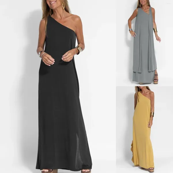 Freizeitkleider Damen Einfarbig One Shoulder ärmelloses offenes Unterhemd Langes Kleid für Damen Junior