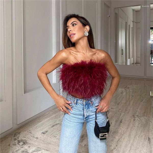 Camisetas femininas Moda Fluffy Feather Crots Tops Women Summer Sexy Blusa elegante Elegante Tubo e blusas sem mangas e blusas fêmeas femininas