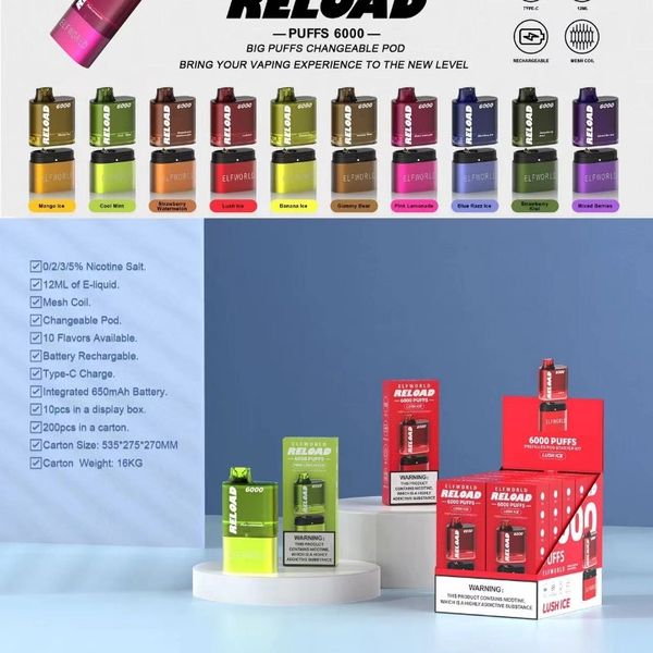 Original ELFWORLD Reload 6000 Kit Puffs Einweg-E-Zigaretten Vape Pen 12 ml Pod 650 mAh wiederaufladbare Batterie China Authentische Großhandels-Vapers Desechables Puff 6K