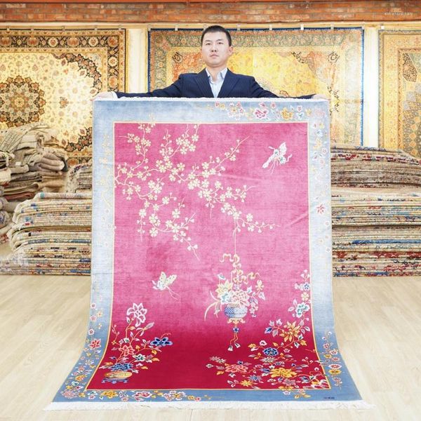 Tapetes YILONG 4'x6' Luxo Vermelho Chinês Art Deco Handmade Tapete De Seda Família Sala de Área Tapete