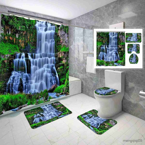 Cortinas de chuveiro cascata conjunto de cortina de chuveiro natureza montanha viagem pcs cortina de chuveiro banheiro antiderrapante tapete de banho r231101