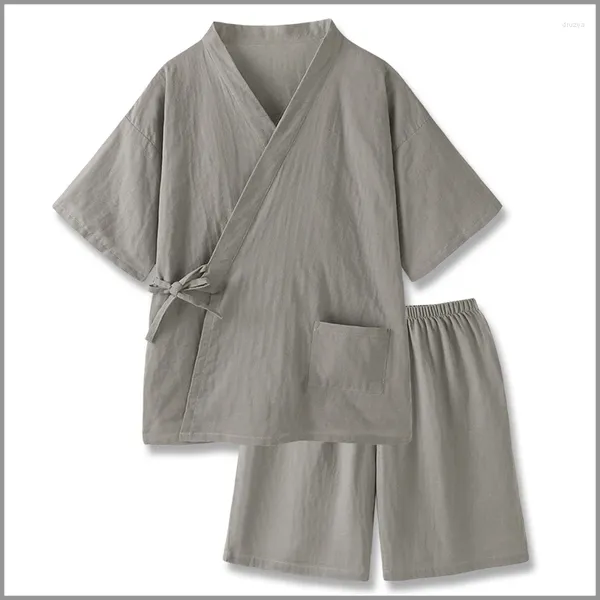 Мужская одежда для сна, мужское кимоно, пижамный комплект, рубашка, брюки, хлопчатобумажная марля, с короткими рукавами, свободные, удобные, серого цвета