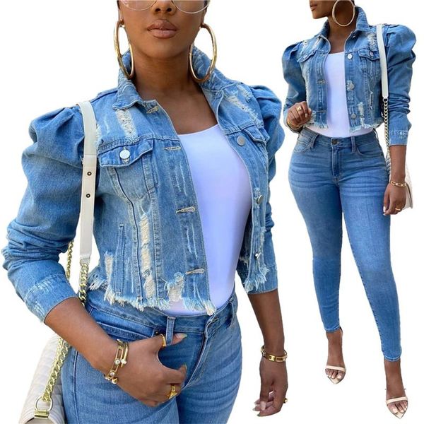 Kadın ceketleri kadın ceket gündelik uzun puflu kol düğmesi aşağı kırpılmış jean ceketleri dış giyim sonbahar moda denim mahsul sokak kıyafetleri