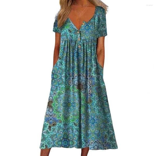 Freizeitkleider Damen Kleid Plissee Blumendruck V-Ausschnitt Low-Cut Lockerer Saum Kurze Ärmel Sommerkleidung