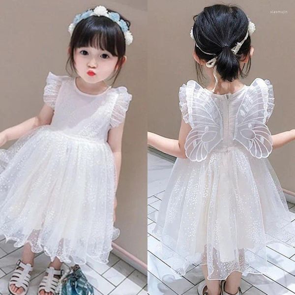 Abiti da ragazza Abito tutu da bambino con maniche ad ali di farfalla Pois Maglia di pizzo Abiti in tulle Regali di compleanno per feste Ragazze principessa Bianco